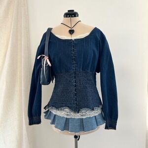 Denim Corset Long Sleeve Top XL? y2k Festival Boho Victorian Renaissance Smocked